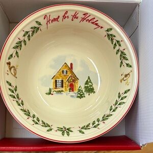 Lenox Cream and Red Holiday Bowl with Holly and House Design